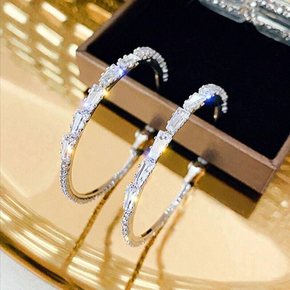 New 925 Silver White Sapphire Hoop Earrings - Picture 2 of 4